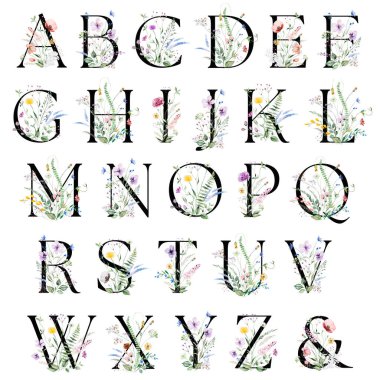 Black capital lettersJ with watercolor wildflowers and leaves bouquet isolated. Summer floral meadow Alphabet elements for wedding and greeting design