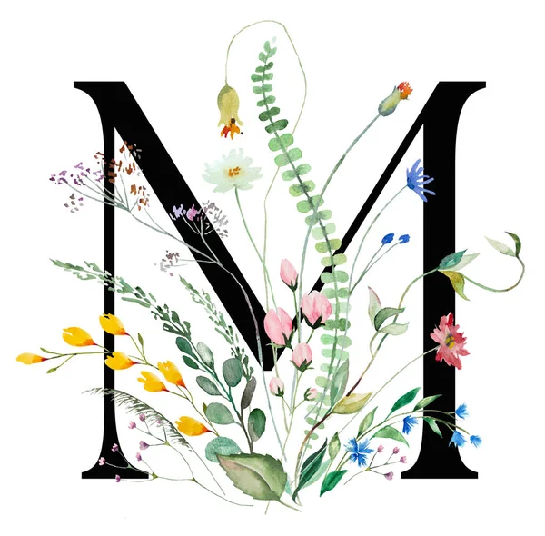 Black Capital Letter Watercolor Wildflowers Leaves Bouquet Isolated Summer Floral — Photo