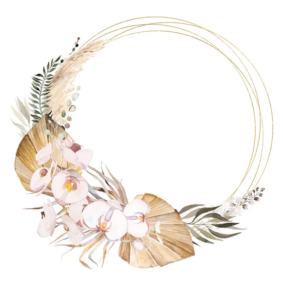 Akvarel Český Kruhový Rám Tropickými Orchidejovými Květy Sušenými Palmovými Listy — Stock fotografie