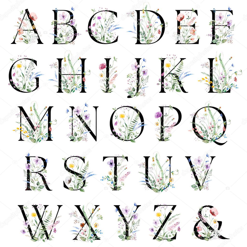Black capital lettersJ with watercolor wildflowers and leaves bouquet isolated. Summer floral meadow Alphabet elements for wedding and greeting design