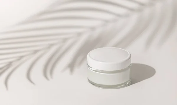 Cream Jar Blank White Lid White Close Palm Leaf Hard — Fotografia de Stock