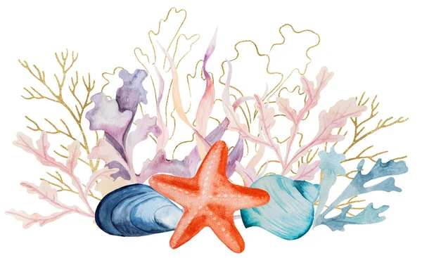 Arrangement Made Watercolor Golden Seaweeds Seashells Corals Isolated Underwater Illustration — Foto de Stock