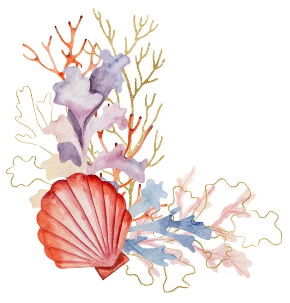 Arrangement Made Watercolor Golden Seaweeds Seashells Corals Isolated Underwater Illustration — Zdjęcie stockowe