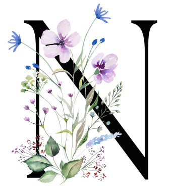Black capital letter N with watercolor wildflowers and leaves bouquet isolated. Summer floral meadow Alphabet element for wedding and greeting design