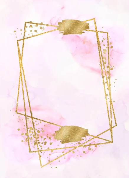 Geometric Golden Frame Pink Watercolor Spots Illustration Isolated Hand Painted — Zdjęcie stockowe
