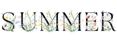 Word SUMMER made of Black capital letters with watercolor wildflowers and leaves, isolated. Summer floral meadow element for wedding and greeting design