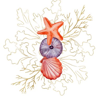 Arrangement made from Watercolor and golden seaweeds, seashells and corals, isolated. Underwater Illustration for greeting cards, summer sea beach wedding invitations, crafting, printing