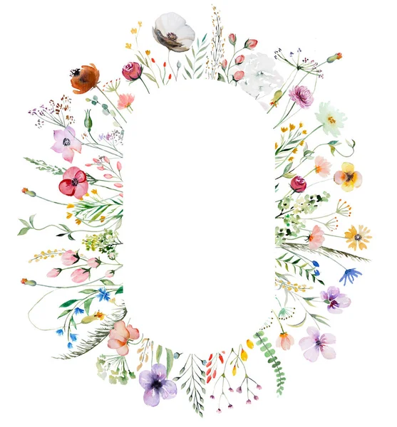 Oval frame made of colorful watercolor wildflowers and leaves illustration, isolated, copy space. Floral elements for summer wedding stationery and greetings cards