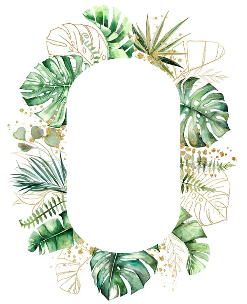 Oval Frame Made Green Golden Watercolor Tropical Monstera Palm Banana — Foto Stock