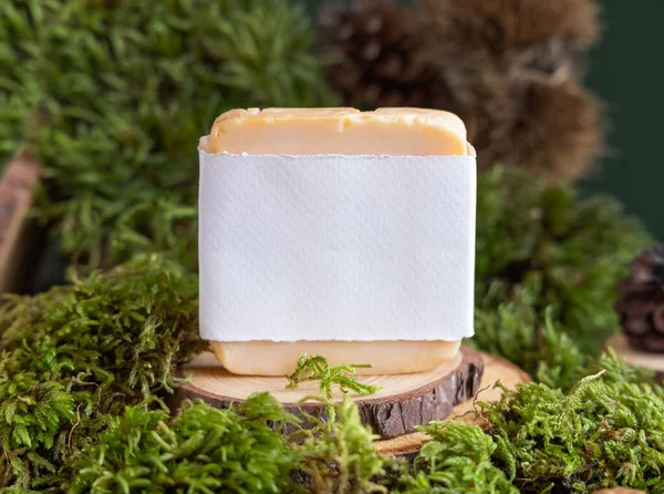 Homemade Soap Bar Blank Label Wooden Piece Green Moss Close — Stock fotografie