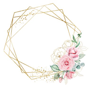 Geometric golden Frame frame made of pink watercolor flowers and green leaves isolated. Round floral element for summer wedding stationery and greetings cards, copy space