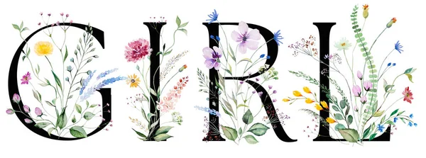 Word Girl Black Letters Watercolor Wild Flowers Green Leaves Summer — Stock Photo, Image
