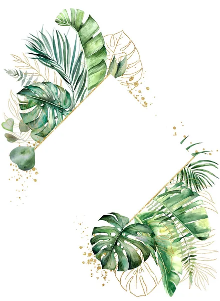 Square Frame Made Green Golden Watercolor Tropical Banana Palm Monstera — Zdjęcie stockowe