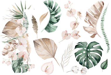 Bohemian Watercolor frame made with beige and teal green tropical leaves and light pink flowers illustration isolated. Boho or ethnic arrangement and single elements for wedding stationery