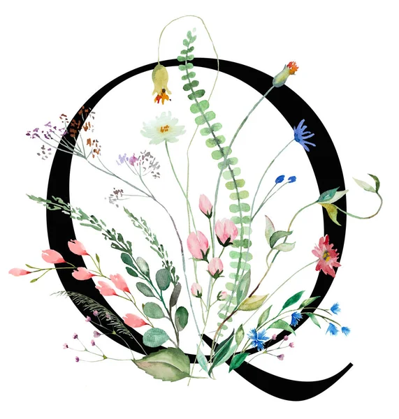 Black Capital Letter Watercolor Wildflowers Leaves Bouquet Isolated Summer Floral — 图库照片