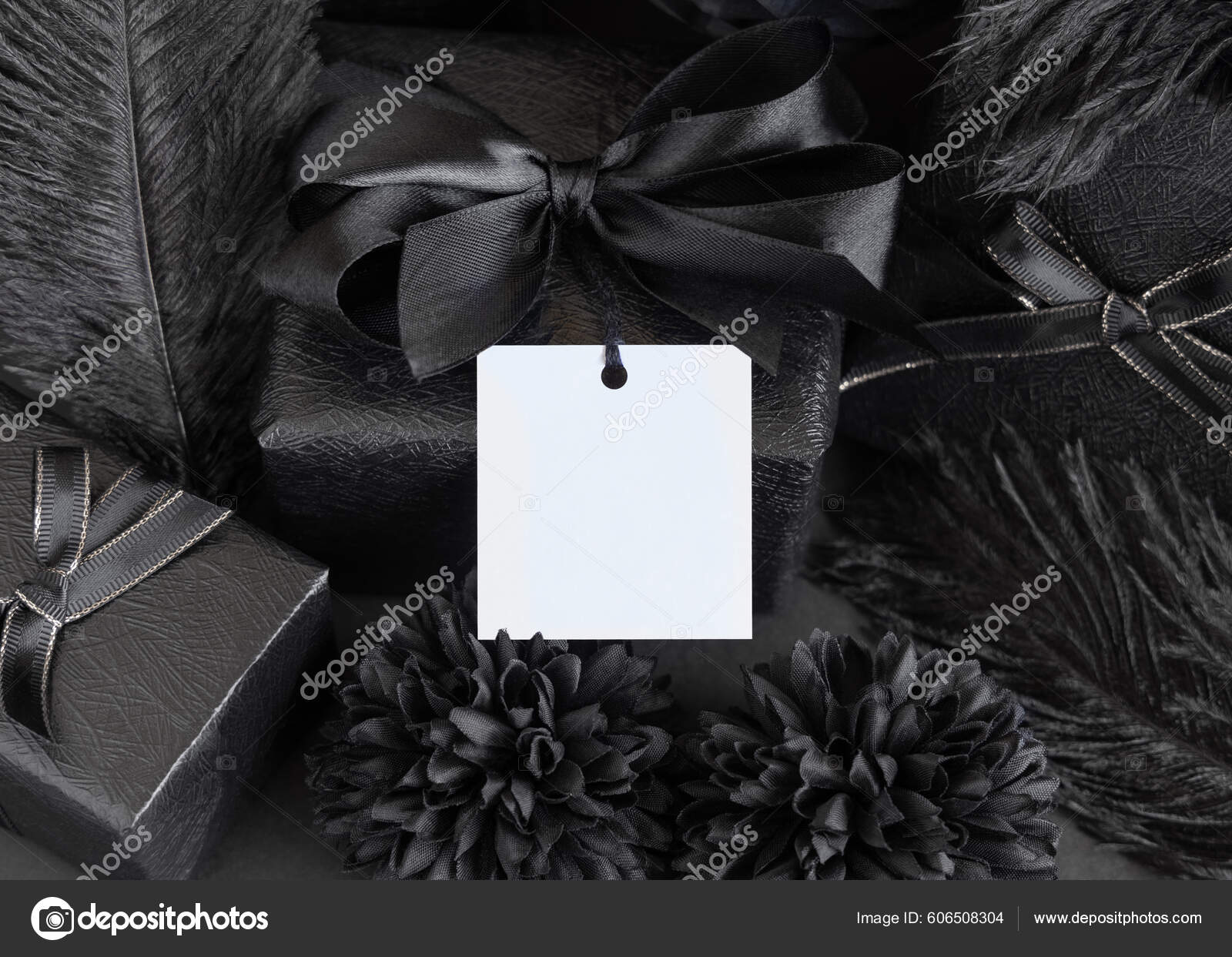 Wrapped Gift Boxes Black Paper Flowers Decorations Square Gift Tag