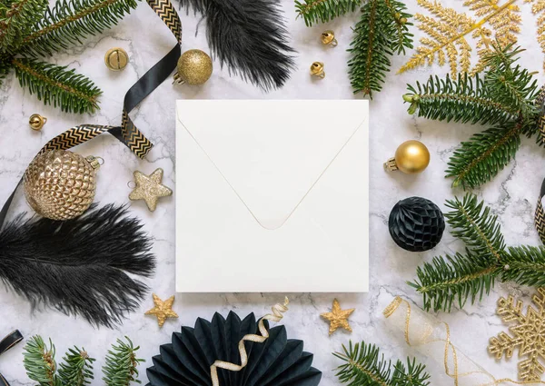 Square Envelope Black Golden Christmas Decorations Fir Tree Branches Top — Stock Fotó