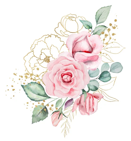 Cadre Bouquet Composé Fleurs Aquarelles Roses Feuilles Vertes Illustration Éclaboussures — Photo