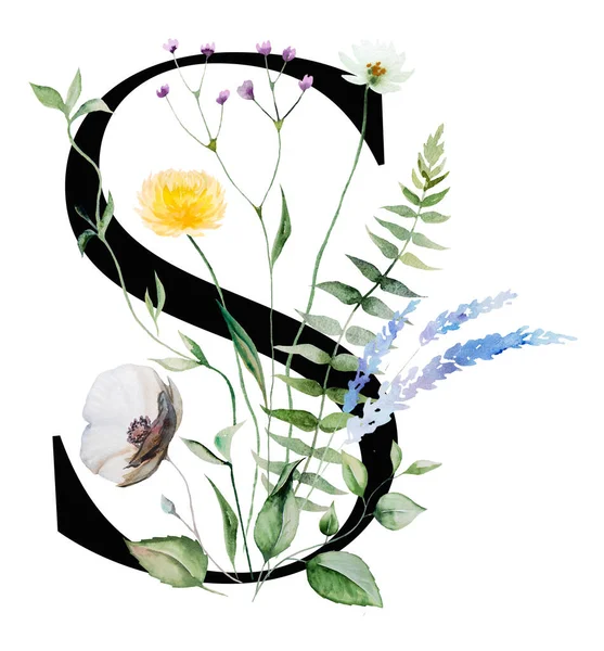Black Capital Letter Watercolor Wildflowers Leaves Bouquet Isolated Summer Floral — стокове фото