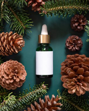 Köknar dalları ve çam kozalakları yakınındaki boş etiketli Yeşil Pipette Düşüren Şişeler. Marka ambalaj modeli. Cilt bakım ürünü, krem ya da serum. Doğal kozmetik konsepti