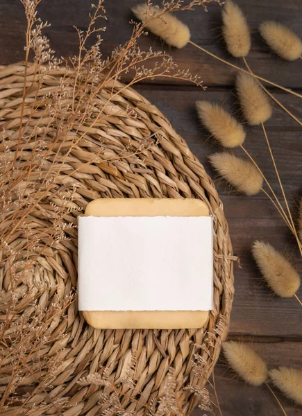Soap Bar Blank Label Wattled Placemat Wood Hare Tail Grass — Stockfoto
