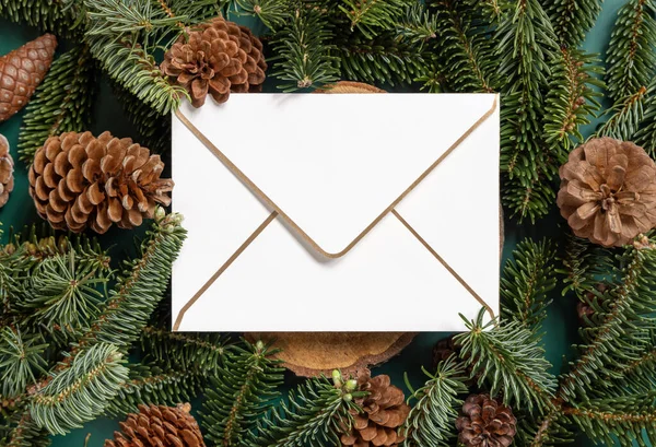 blank envelope between fir branches and pine cones on green top view, mockup. Christmas or New Year greeting envelope template, Holiday winter composition