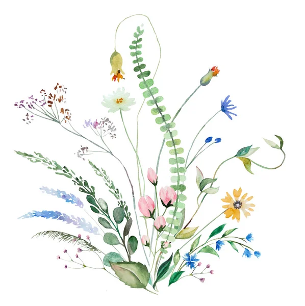 Boeket Van Kleurrijke Aquarel Wilde Bloemen Bladeren Illustratie Geïsoleerd Tuin — Stockfoto