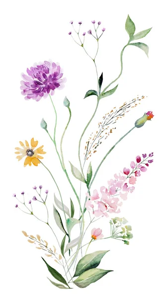 Bouquet Fleurs Sauvages Aquarelle Colorée Illustration Feuilles Isolé Arrangement Floral — Photo
