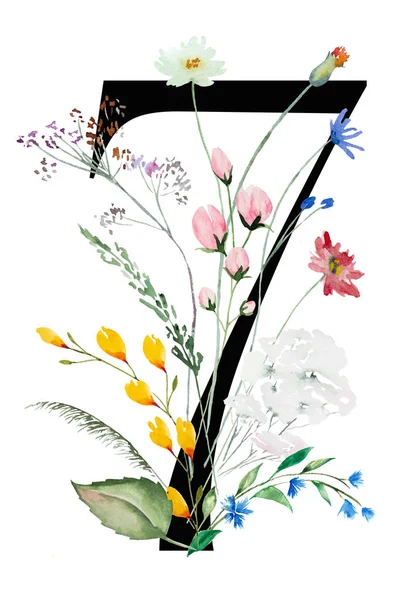 Noir Numéro Avec Aquarelle Fleurs Sauvages Feuilles Bouquet Isolé Été — Photo