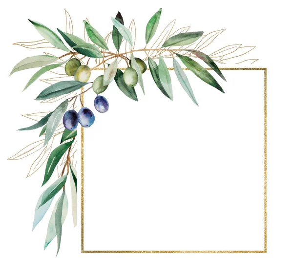 Golden geometric frame made of watercolor olive twigs with leaves and fruits, isolated illustration, copy space. Botanical element for mediterranean wedding stationery and greetings cards
