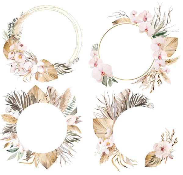 Watercolor Bohemian round frames with tropical orchid flowers, dried palm leaves and pampas grass illustration isolated, copy space. Boho or ethnic arrangement for wedding stationery