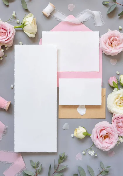 Paper Cards Envelopes Light Pink Roses Silk Ribbons Grey Top — Stock Photo, Image