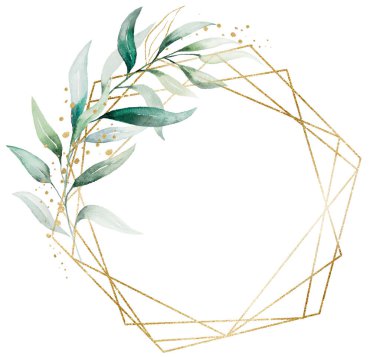 Yeşil suluboya yapraklarından yapılmış geometrik altın çerçeve, izole edilmiş illüstrasyon, kopyalama alanı. Romantik düğün kırtasiyesi için botanik öğe, tebrik kartları, baskı ve el işi