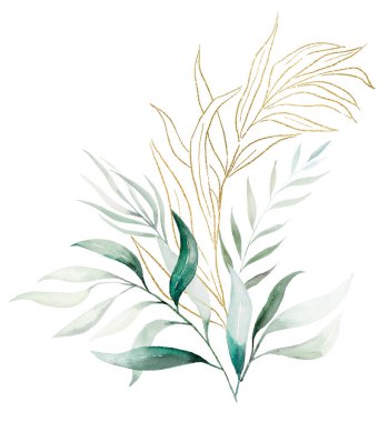 Yeşil suluboya okaliptüs yapraklarından yapılmış geometrik altın buket, izole edilmiş illüstrasyon, kopyalama alanı. Romantik düğün kırtasiyesi için botanik öğe, tebrik kartları, baskı ve el işi