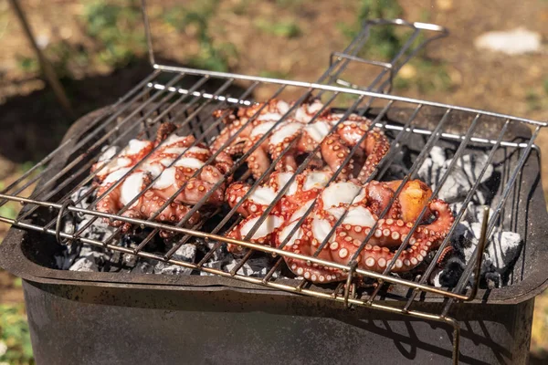 Verse Octopussen Houtskoolgrill Italië Traditionele Mediterrane Keuken Grillen Zeevruchten Buiten — Stockfoto