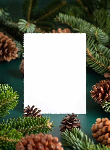 モミの枝と松の木のコーンの間の垂直空白のカードを閉じると モックアップ クリスマスまたは新年のグリーティングカードテンプレート ホリデー冬の組成 — ストック写真