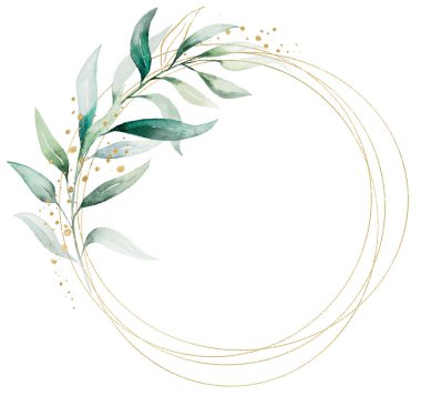 Yeşil suluboya yapraklarından yapılmış geometrik altın çerçeve, izole edilmiş illüstrasyon, kopyalama alanı. Romantik düğün kırtasiyesi için botanik öğe, tebrik kartları, baskı ve el işi