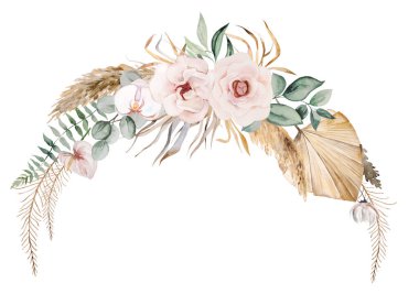 Suluboya bej ve yeşil tropikal yapraklı bohem yuvarlak çelenk, pampa otları ve orkide çiçek resimleriyle izole edilmiş. Düğün kırtasiyesi için boho ya da etnik düzenleme