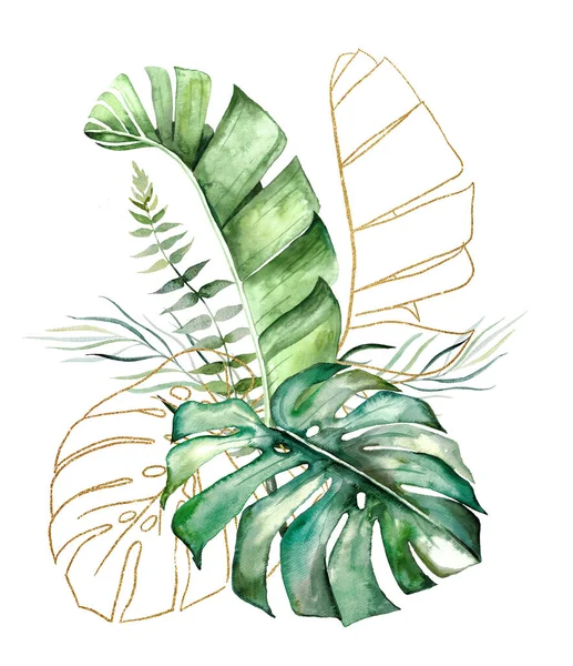 花束由绿色和金色的热带水彩画 棕榈叶和香蕉叶组成 是孤立的例证 异国情调婚礼设计 贺卡和手工制作的精致元素 — 图库照片