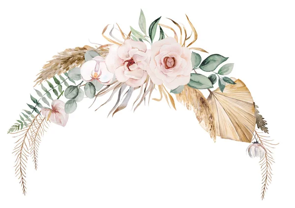Bohemian round wreath with Watercolor beige and teal green tropical leaves, pampas grass and orchid flowers illustration isolated. Boho or ethnic arrangement for wedding stationery