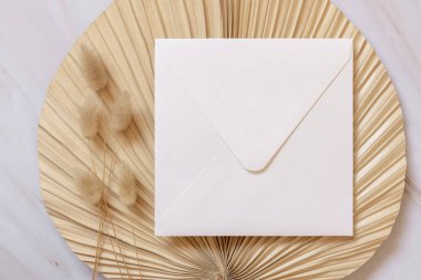 Tavşanın kuyruğundaki çimlerin yanındaki kuru bej palmiye yaprağının üzerindeki kare zarf, maket. Zarflı Boho sahnesi. Bohem ya da doğaya yakın selamlama ya da düğün davetiyesi. En düşük kompozitif