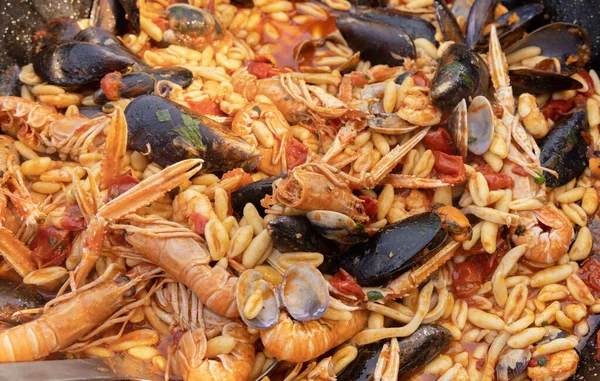 Cavatelli Allo Scoglio Pasta Frutti Mare Pomodori Chiudere Padella Cucina — Foto Stock