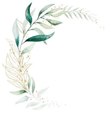 Yeşil suluboya okaliptüs yapraklarından yapılmış geometrik altın çelenk, izole edilmiş illüstrasyon, kopyalama alanı. Romantik düğün kırtasiyesi için botanik öğe, tebrik kartları, baskı ve el işi