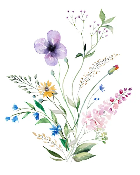 Ramo Coloridas Flores Silvestres Acuarela Hojas Ilustración Aislado Arreglo Floral —  Fotos de Stock