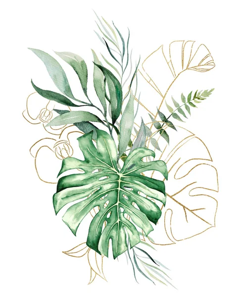 Bukett Grön Och Gyllene Akvarell Tropisk Monstera Palm Och Bananblad — Stockfoto