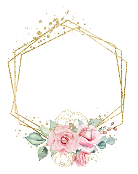 Geometric golden Frame frame made of pink watercolor flowers and green leaves isolated. Round floral element for summer wedding stationery and greetings cards, copy space