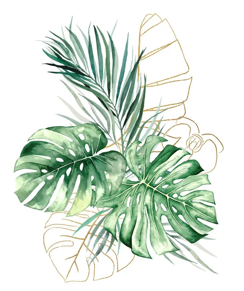 Букет Зеленых Золотых Акварельных Тропических Монстров Пальмовых Банановых Листьев Изолированной — стоковое фото