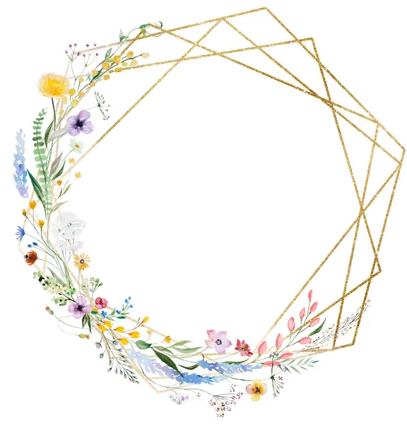 Golden Frame made of colorful watercolor wildflowers and leaves illustration, isolated, copy space. Floral element for summer wedding stationery and greetings cards, party design