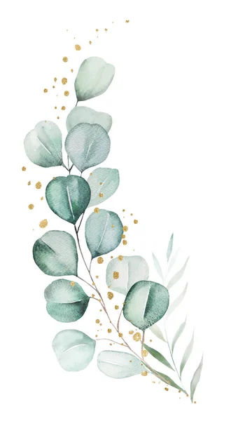 Kytice Zelených Zlatých Akvarelů Eukalyptových Listů Větviček Ojedinělá Ilustrace Botanický — Stock fotografie