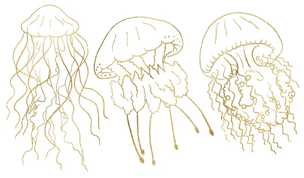 Złote Kontury Meduzy Akwarelowe Pojedynczy Element Podwodne Ilustracja Kartek Okolicznościowych — Zdjęcie stockowe
